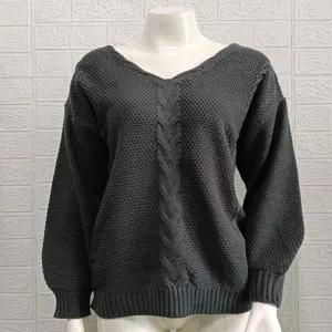 Women solid color V-neck long sleeve knit sweater, elegant casual pullover autumn winter top.