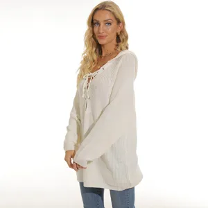 Mujer jersey de punto blanco con capucha y cordones casual holgado manga larga top