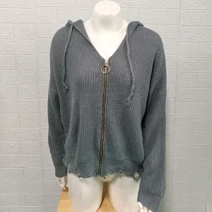 Grey knit zip up hooded cardigan distressed sweater casual autumn winter women outerwear clothing