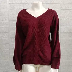 Burgundy V-neck cable knit sweater detail showing textured fabric and elegant long sleeves.
