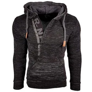 Men's knitted hooded sweater casual slim fit long sleeve pullover with half zip design.