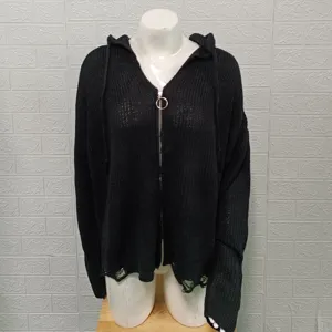 Women black knitted hooded cardigan with metal ring zipper and distressed hem details.