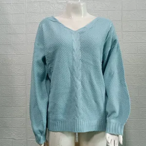 Women's V-neck long sleeve solid knit sweater, classic cable detail for autumn commuting.