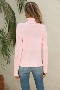 Pink turtleneck knit sweater back detail, elegant solid color casual long sleeve pullover.