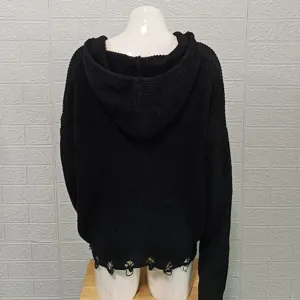 Women black distressed hooded knit sweater casual long sleeve chunky pullover autumn outerwear
