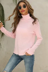 Women pink turtleneck sweater casual basic long sleeve knitwear for autumn winter style.