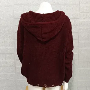 Back view detail of casual maroon hooded knit cardigan featuring a stylish distressed hem.