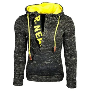 Men's stylish knit hooded sweater with contrast color zip collar and warm fleece lining.
