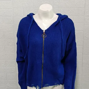 Royal blue knit hoodie detail, front metal ring zipper closure, distressed hem design.