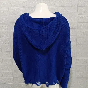 Blue knitted hooded sweater for women, casual distressed hem long sleeve autumn winter top wear.