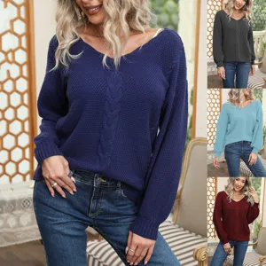 Women's Casual V-Neck Long Sleeve Cable Knit Sweater Solid Color Pullover Elegant Commuting Winter Tops