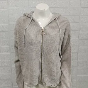 Light grey knitted hooded cardigan, zip-up design with metal ring pull and distressed hem.