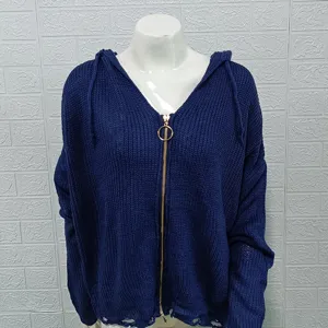 Women dark blue knitted hooded cardigan sweater, featuring metal ring zipper and ripped hem.