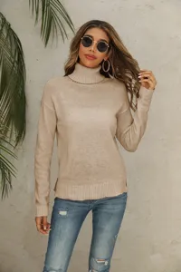 Ribbed turtleneck sweater detail, long sleeve knit fabric, casual winter chic daily wear look.