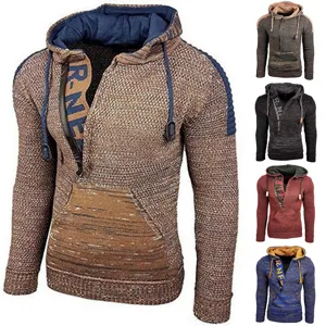 Men's Winter Knitted Hooded Sweater Slim Fit Color Block Half Zip Pullover Casual Thermal Acrylic Sweatshirt