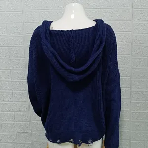 Women's dark blue knit hooded cardigan featuring distressed hem and long sleeves detail.