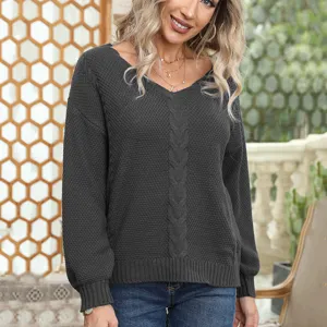 Women's V-Neck Solid Color Long Sleeve Cable Knit Sweater Casual Autumn Winter Top