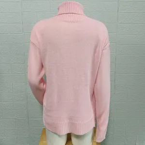Pink turtleneck knit sweater back view detail, soft fabric texture for autumn and winter daily wear.