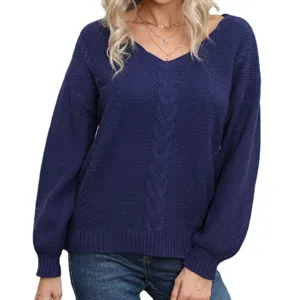 Women V-neck solid long sleeve knit sweater elegant autumn winter casual pullover top.