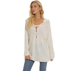 Mujer moda cordones capucha jersey de punto casual manga larga pullover top otoño