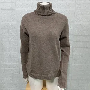Brown turtleneck knit sweater detail, cozy long sleeve basic casual pullover for women.