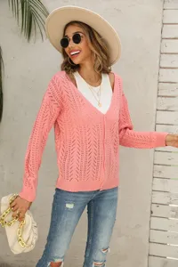 Donna rosa scollo v traforato cardigan in maglia maniche lunghe pullover casual