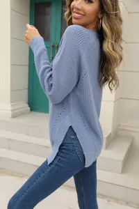 Damen lässiger Langarm Strickpullover mit Seitenschlitz eleganter herbst pullover top