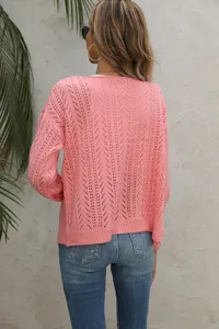 Cardigan in maglia traforata rosa da donna, pullover casual a maniche lunghe con collo a V.