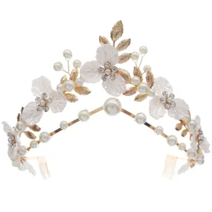 Französische Vintage Blumen Perlen Tiara Braut Haarkamm Hochzeit Kristall Krone Haarschmuck