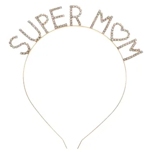 Glänzendes Strass Super Mom Haarband goldfarbener Metall Haarreif für Muttertagsgeschenk.