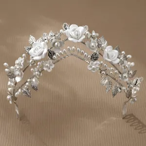 Handmade Polymer Clay Flower Bridal Headpiece Western Wedding Artificial Pearl Crown Hairband Tiara Hair Accessories With Comb For Women