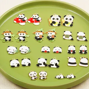 Cute panda DIY metal enamel charms set, assorted cartoon bamboo and hat designs for jewelry making.