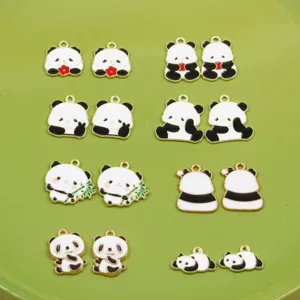 Cute black and white panda alloy charms detail view showing various fun poses and styles.