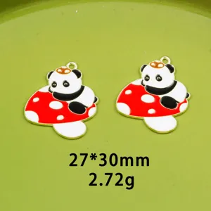 Cute black and white panda on red mushroom alloy charm pendant for DIY jewelry making details.
