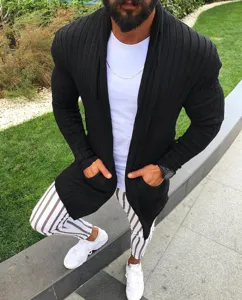 Ribbed knit cardigan detail, long sleeves and lapel design, stylish outdoor men's fashion apparel.