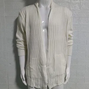 Men's white knit cardigan detail, casual long sleeve sweater with pocket, comfortable fabric.