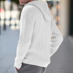 Men's White Knitted Hooded Cardigan Sweater Casual Long Sleeve Autumn Winter Warm Outerwear
