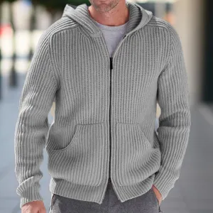 Men's knitted hooded long sleeve sweater jacket full zip casual autumn winter outerwear grey
