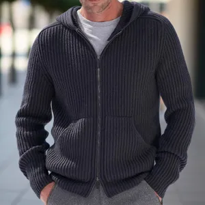 Men's knitted zip-up hooded cardigan sweater, stylish casual autumn winter knit outerwear.