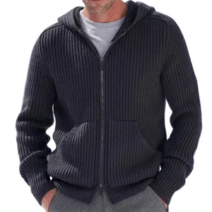 Men's knitted hooded cardigan sweater, solid dark grey winter full zip warm outerwear.