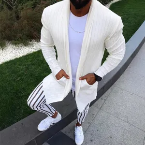 Men's solid white ribbed knit cardigan sweater with long sleeves and open front design.