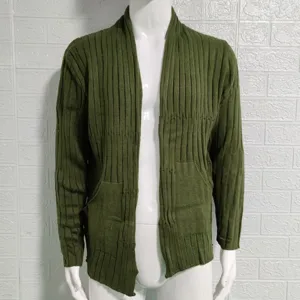 Men's green knitted cardigan sweater, casual slim fit long sleeve lapel outerwear.
