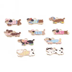 Close-up details of colorful enamel dog and cat charms, perfect for DIY jewelry making.