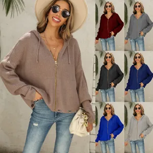 Women Casual Hooded Ripped Knitted Cardigan Sweater Long Sleeve Open Front Streetwear Outerwear Top