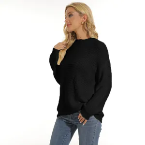Maglione in maglia nera da donna, top casual a maniche lunghe tinta unita autunno inverno.