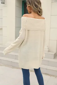 Off-shoulder knit sweater for women, solid color casual long sleeve autumn winter pullover top.