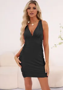 Detailed view of the sexy black sleeveless v-neck bodycon mini dress with side ruching.