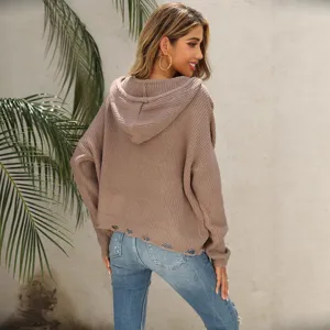 Women's casual hooded distressed knit sweater cardigan, autumn winter cozy outerwear style.