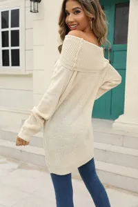 Cozy off-shoulder knit sweater for women, solid color long sleeve casual autumn winter top.