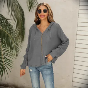 Women's Casual Grey Knitted Hooded Cardigan Zip Up Distressed Long Sleeve Fall Winter Sweater